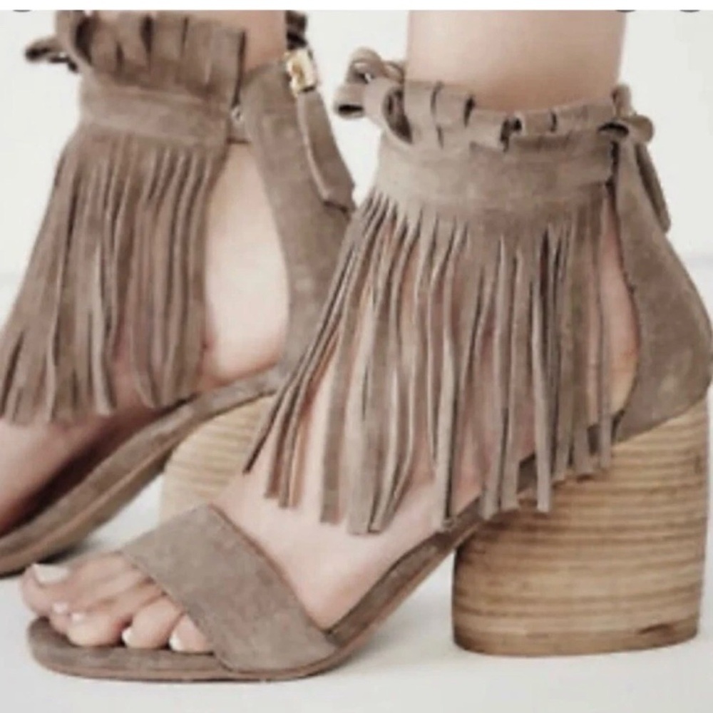 Free People Matiko Desiree Fringe Heeled Leather Sandals Size 41 Taupe